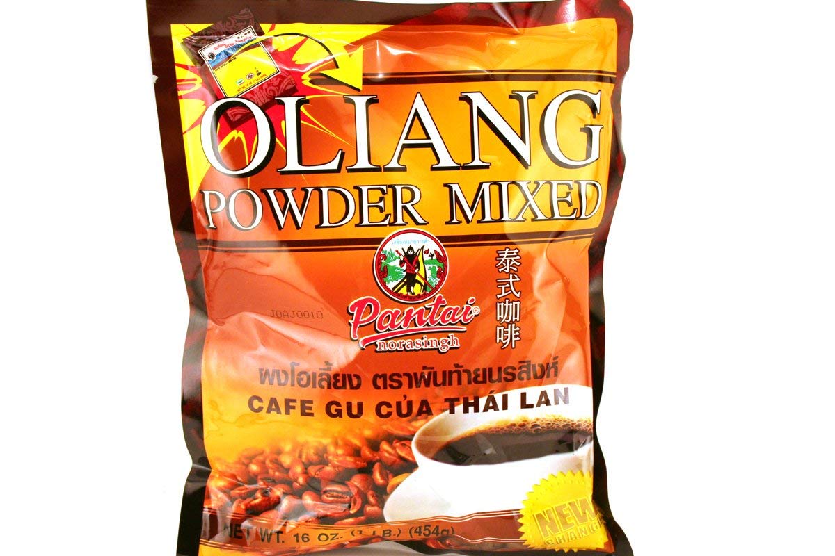 Pantai Norasingh Oliang powder can closeup—instant Thai coffee base for quick brews.