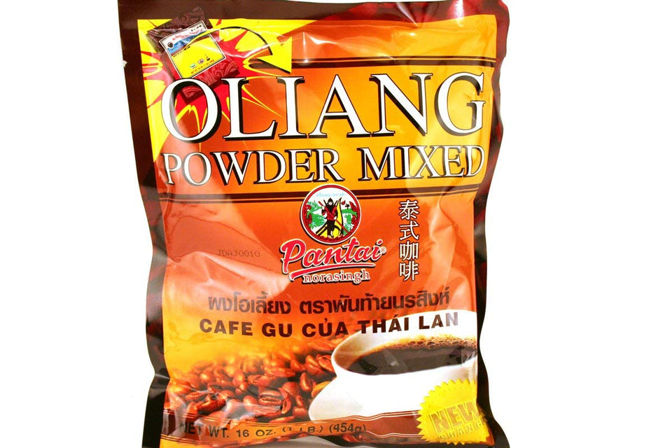 Pantai Norasingh Oliang powder can closeup—instant Thai coffee base for quick brews.