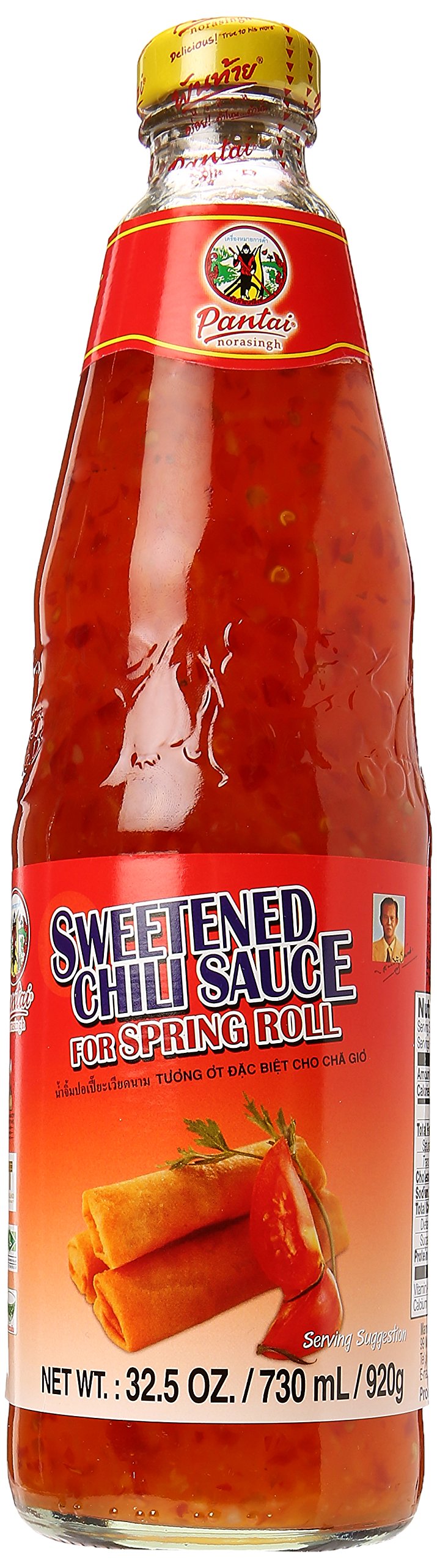 Pantai Sweetened Chili Sauce bottle beside fresh spring rolls for dipping