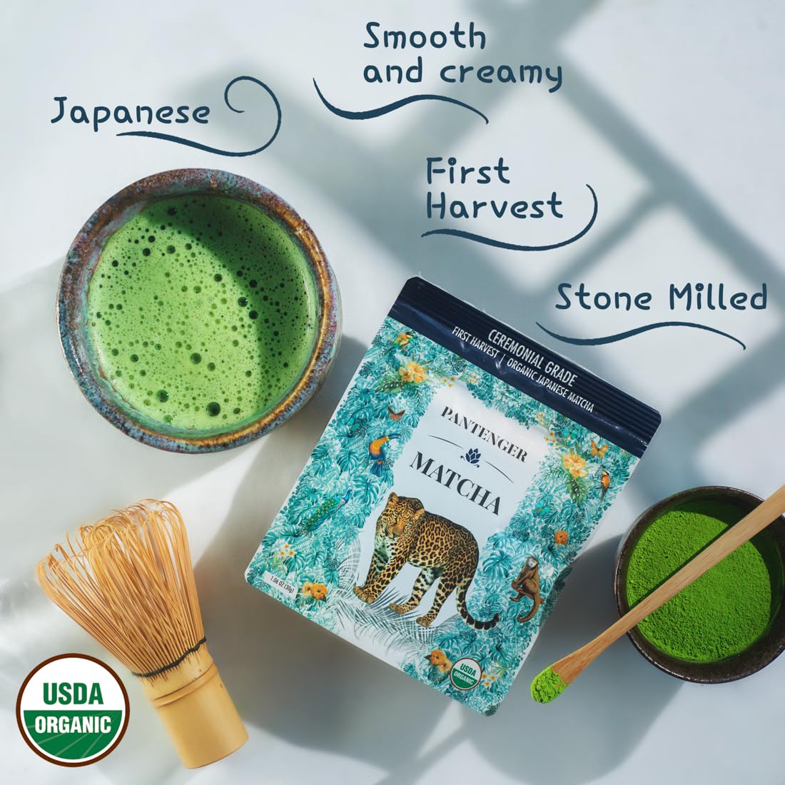 Pantenger first-flush spring-harvest matcha captures vibrant color and fresh grass notes.
