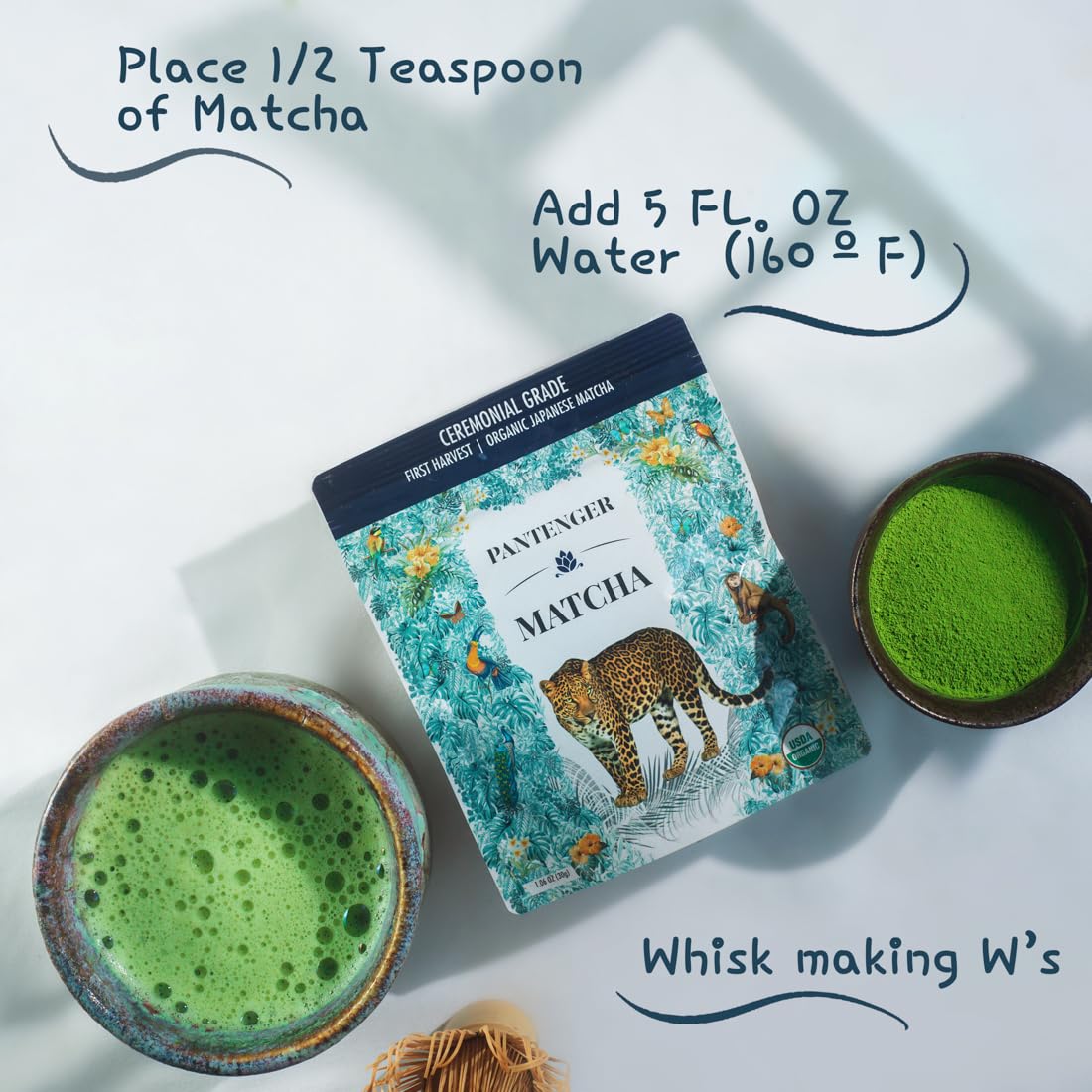 Pantenger stone-milled powder yields silky texture and vibrant emerald hue.