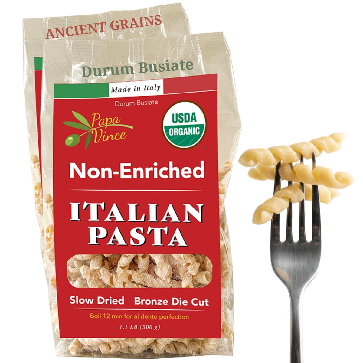 Papa Vince busiate pasta ancient grain highlights Sicily-grown durum for a hearty al dente bite.
