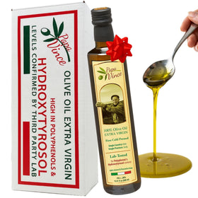Papa Vince Hydroxytyrosol bottle closeup shows premium quality and freshness.