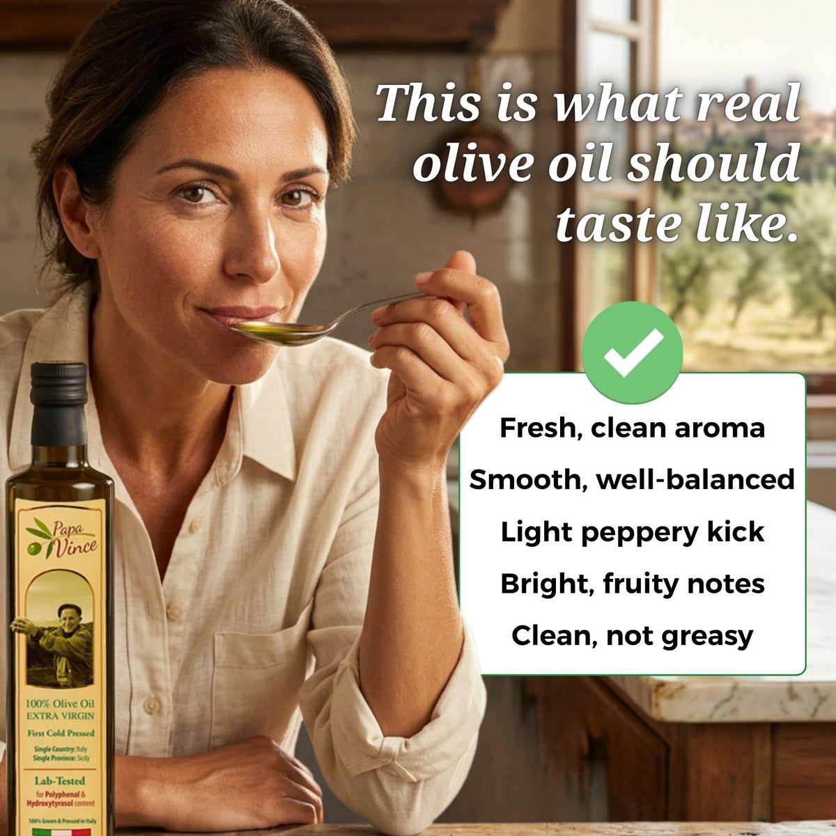 Papa Vince Hydroxytyrosol olive branch scene emphasizes Sicilian origin.