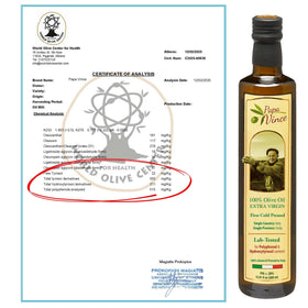 Glass bottle preserves freshness of Papa Vince Olive Oil on the kitchen shelf.