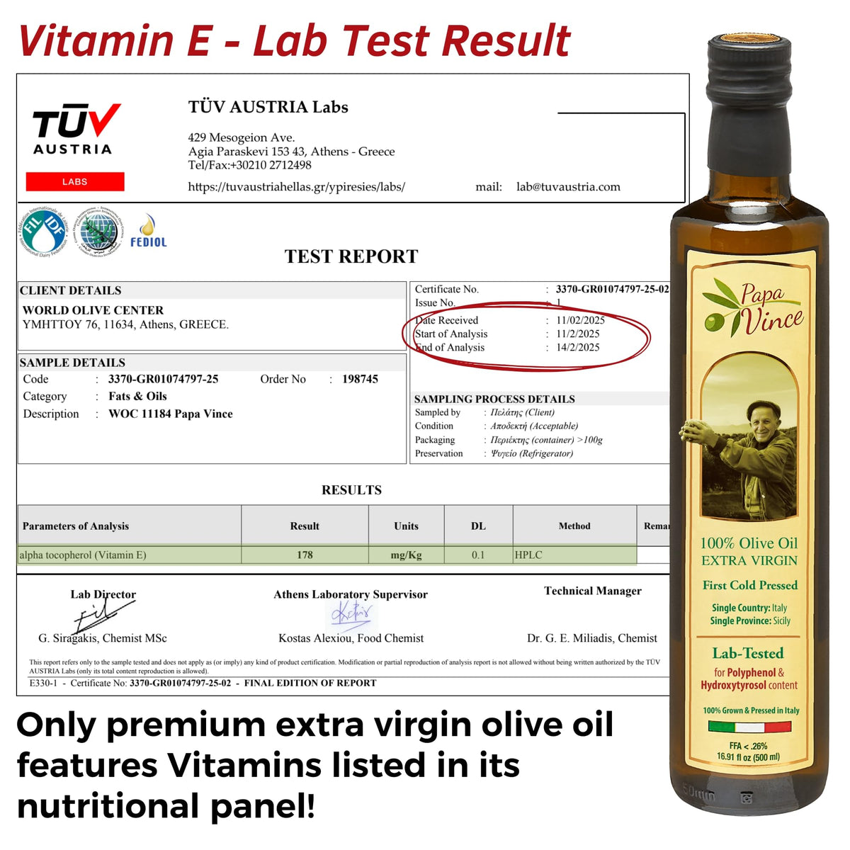 Nutrition panel reveals vitamin E and K in Papa Vince EVOO.