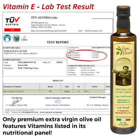 Nutrition panel reveals vitamin E and K in Papa Vince EVOO.