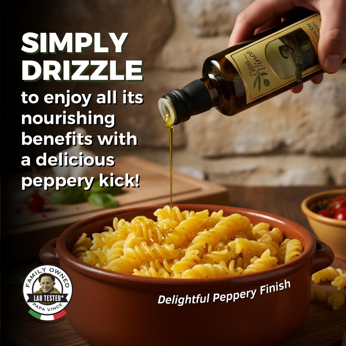Unfiltered and unblended Papa Vince olive oil adds bright texture.