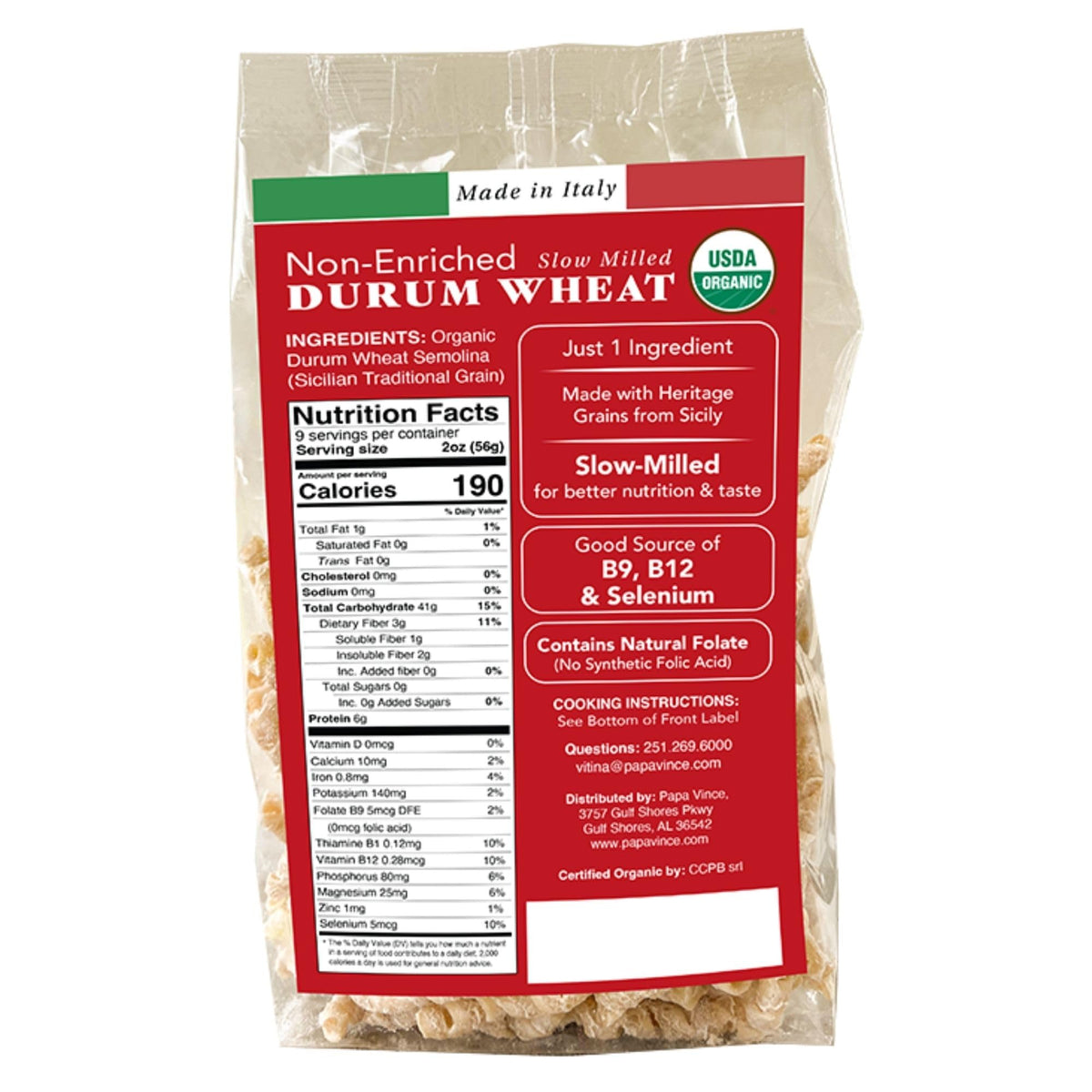 Papa Vince sicilian durum wheat captures locally grown grains delivering robust flavor for sauce-clinging pasta.