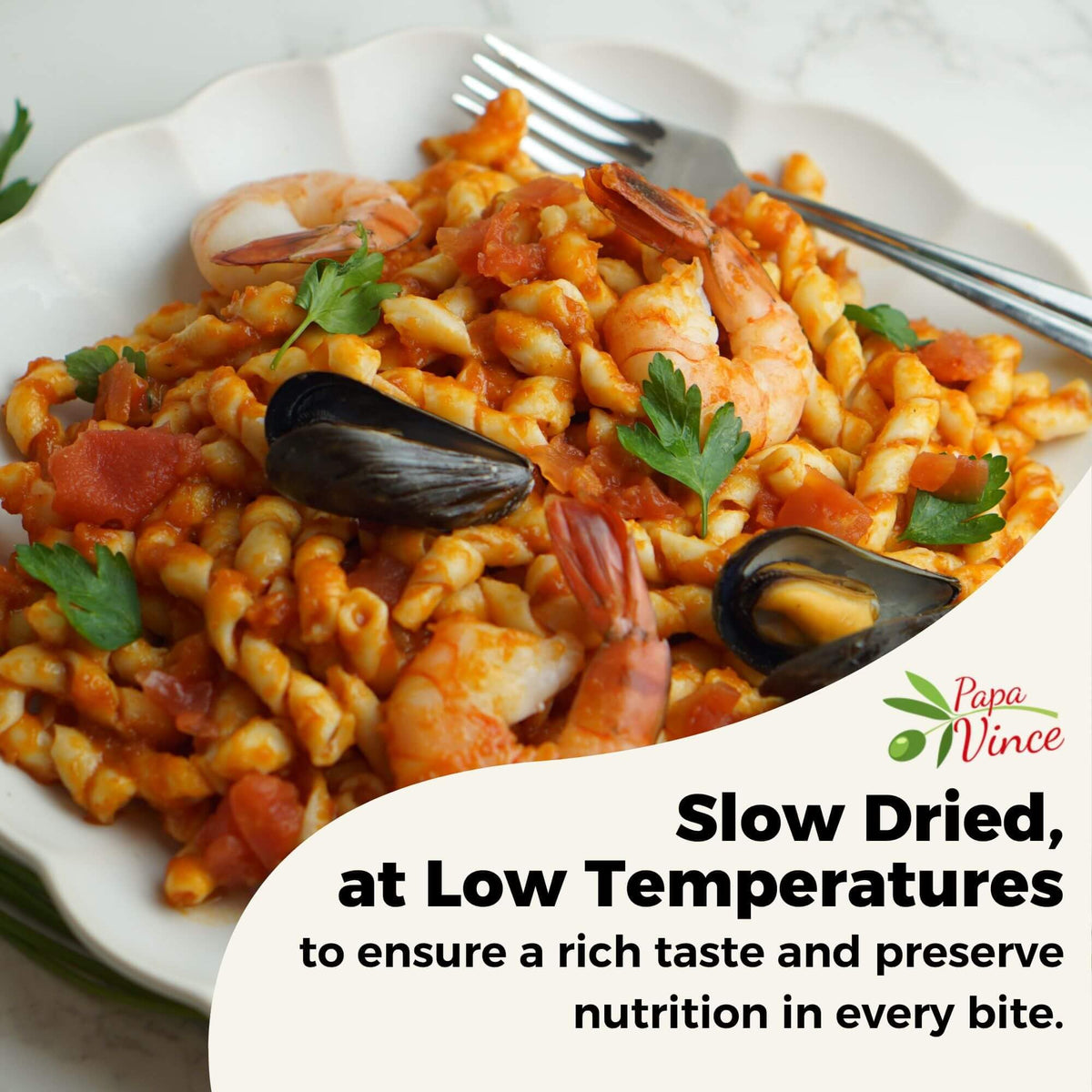 Papa Vince sustainable agriculture pasta supports soil-healthy farming without synthetic inputs.