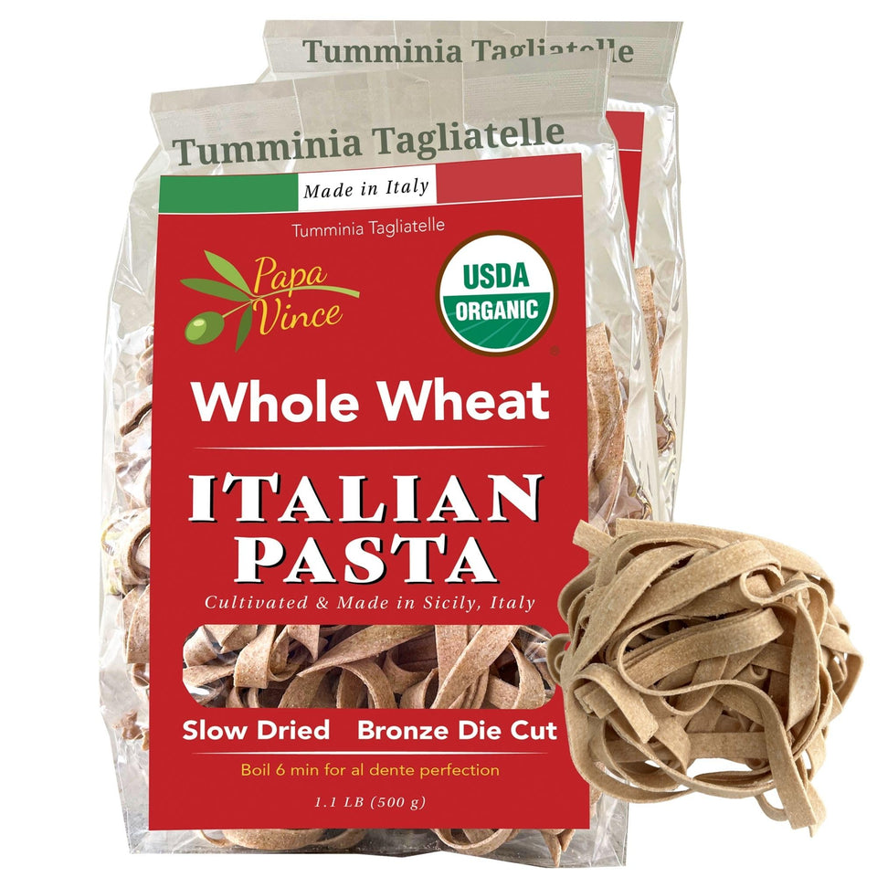 Papa Vince Tagliatelle uncooked long strands for a high-fiber base.