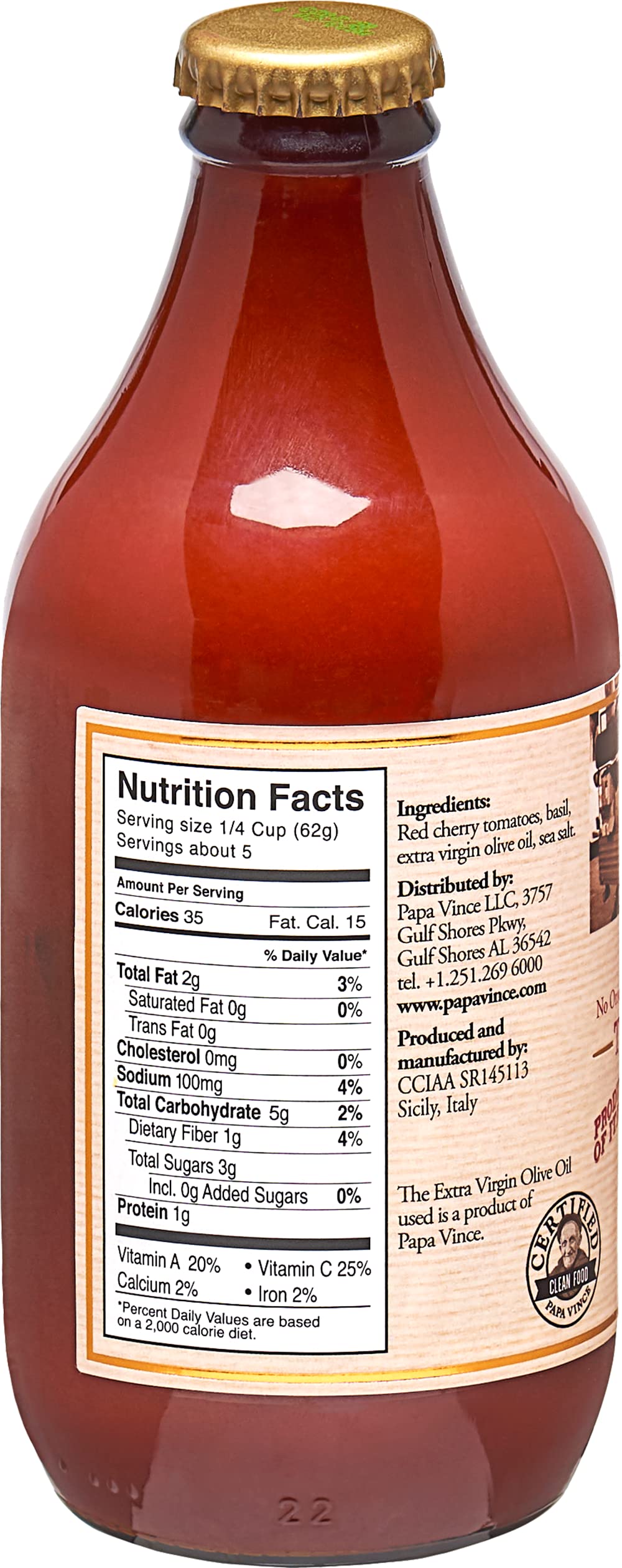 Garlic-free Papa Vince label close-up highlighting pure tomato base