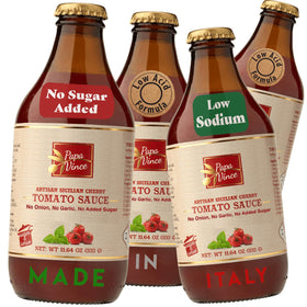Papa Vince tomato sauce in glass jar showing Sicily origin, ideal for pasta nights