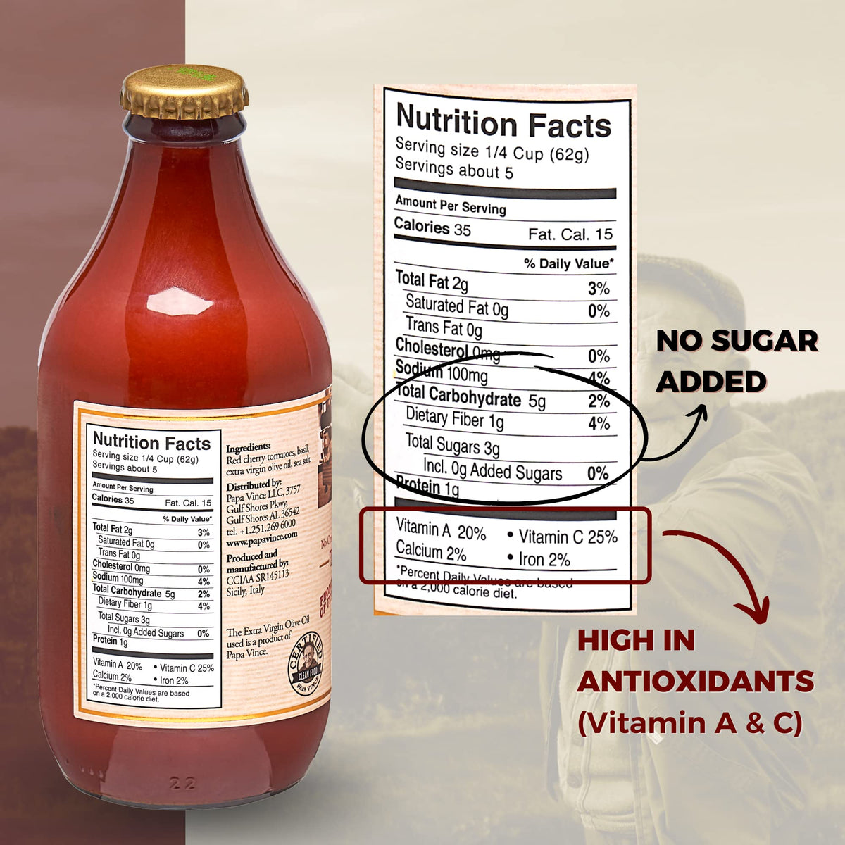 Low-sodium Papa Vince sauce label emphasizing vibrant tomato flavor