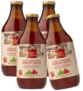 Sun-ripened cherry tomatoes behind Papa Vince sauce label for natural sweetness
