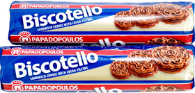 Papadopoulos cocoa-cream sandwich cookies close-up with creamy filling and cocoa.