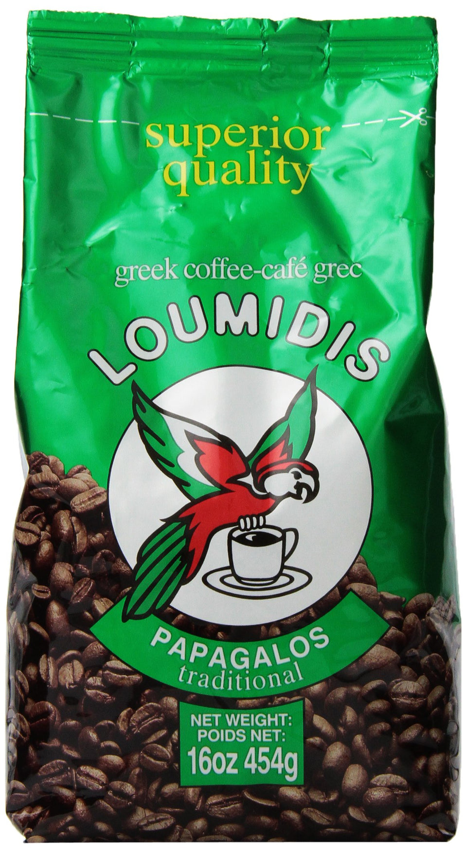 Papagalos Loumidis Ground Coffee packaging shows a sturdy 1 lb bag preserving aroma.