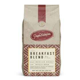 Papanicholas Coffee Breakfast Blend bag features a fresh-pack valve preserves aroma for freshness.