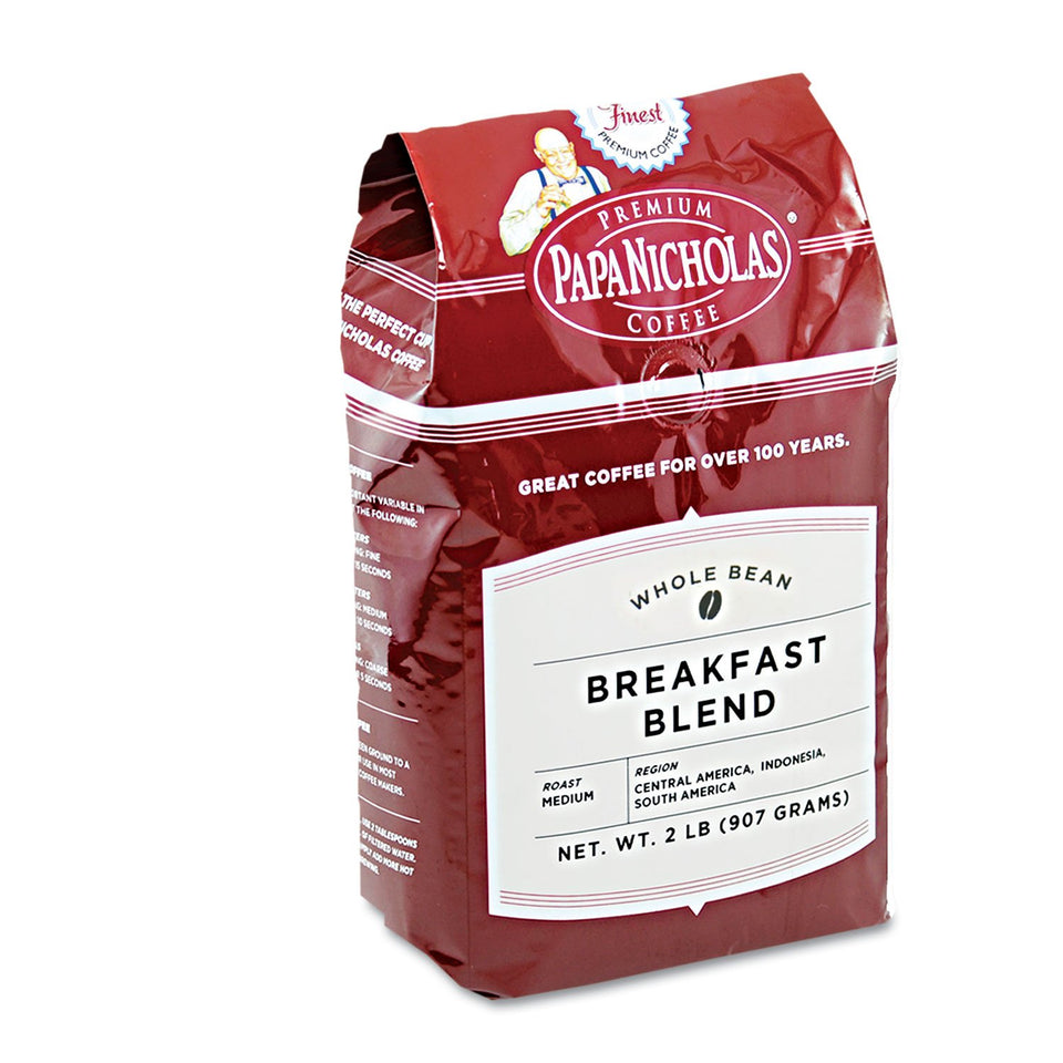 Papanicholas Coffee Breakfast Blend whole bean in 28 oz bag for a bold, balanced cup.