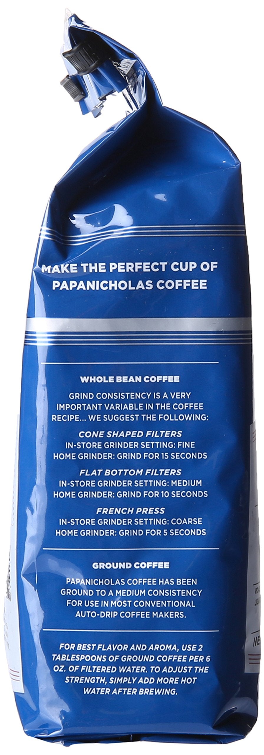 PapaNicholas Cinnamon Hazelnut bag back shows shelf life and roast details.
