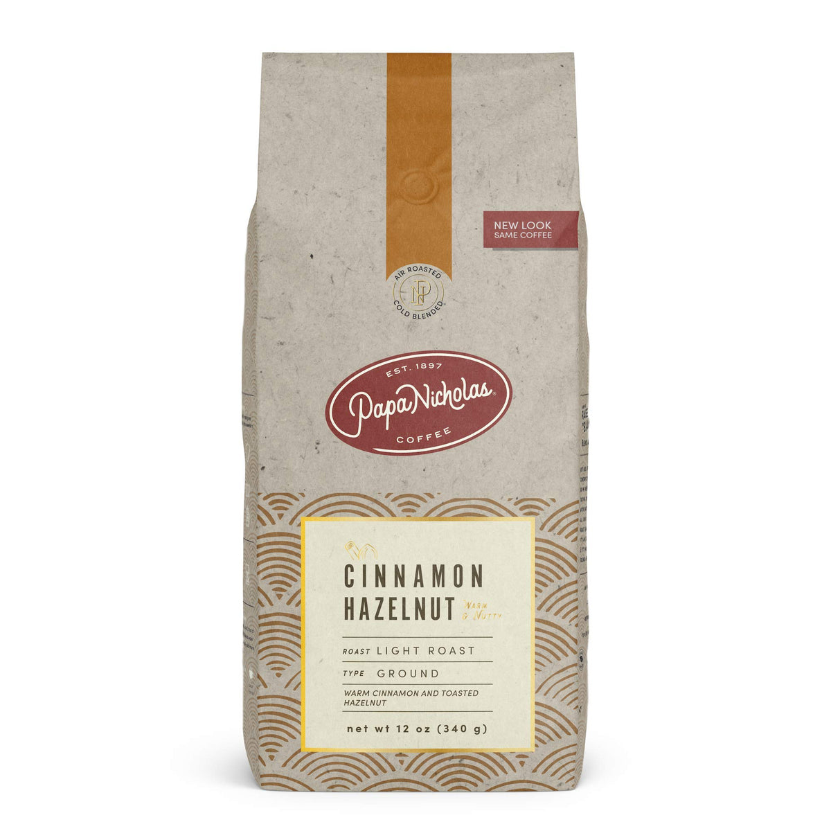PapaNicholas Cinnamon Hazelnut coffee bag front view highlighting flavor notes.