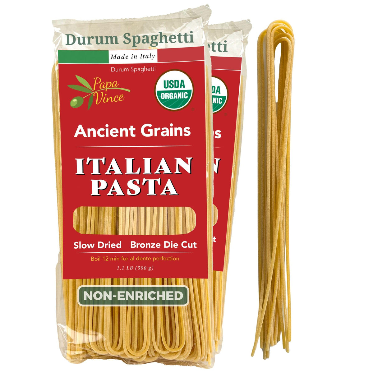 Papa Vince Organic Spaghetti pack shot highlights authentic texture for everyday Italian meals.