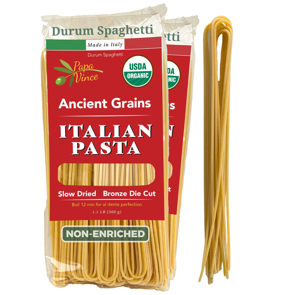 Papa Vince Organic Spaghetti pack shot highlights authentic texture for everyday Italian meals.