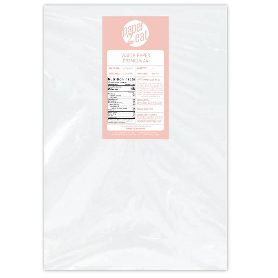 Paper2eat edible wafer sheets in 8.5x11 inch size for precise edible designs.