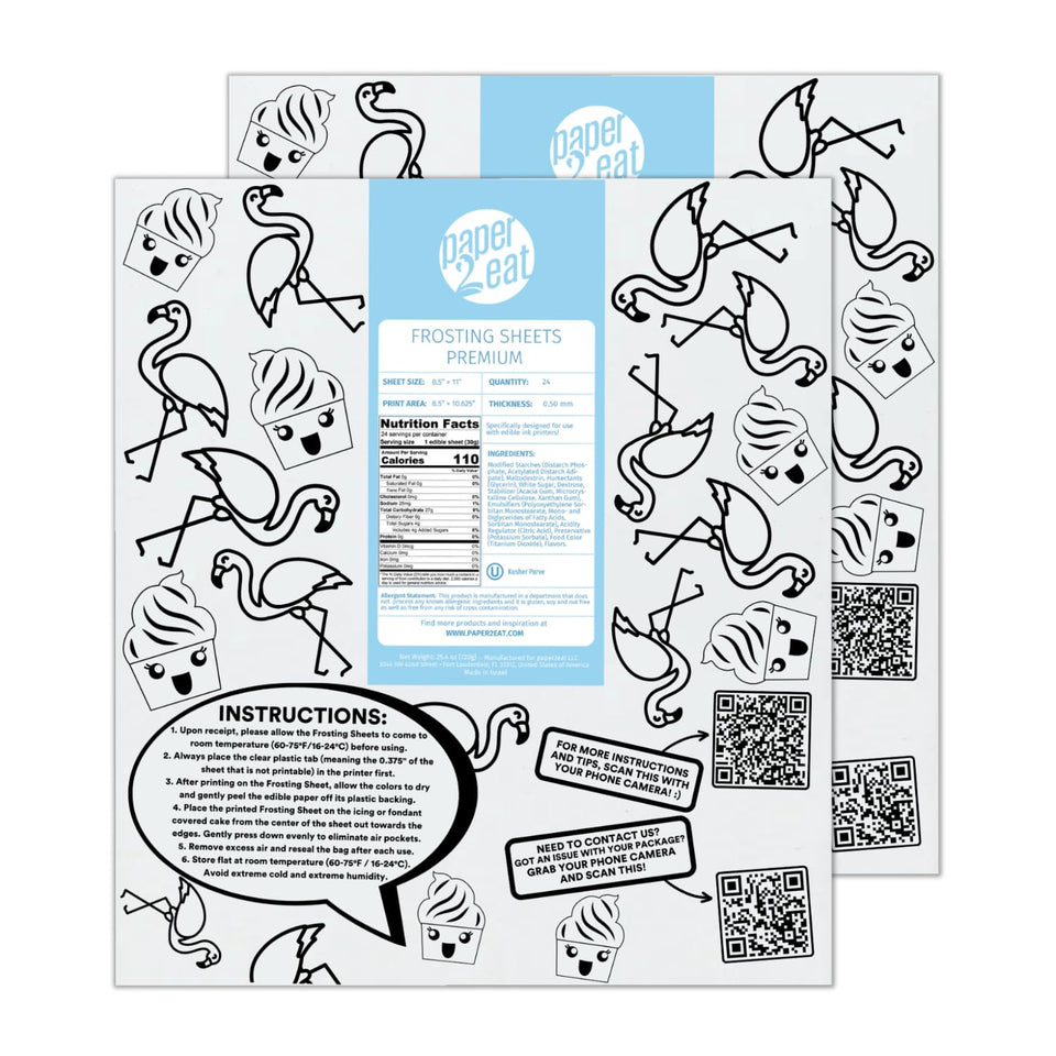 paper2eat frosting sheets pack open showing 48 sheets for edible cake toppers.
