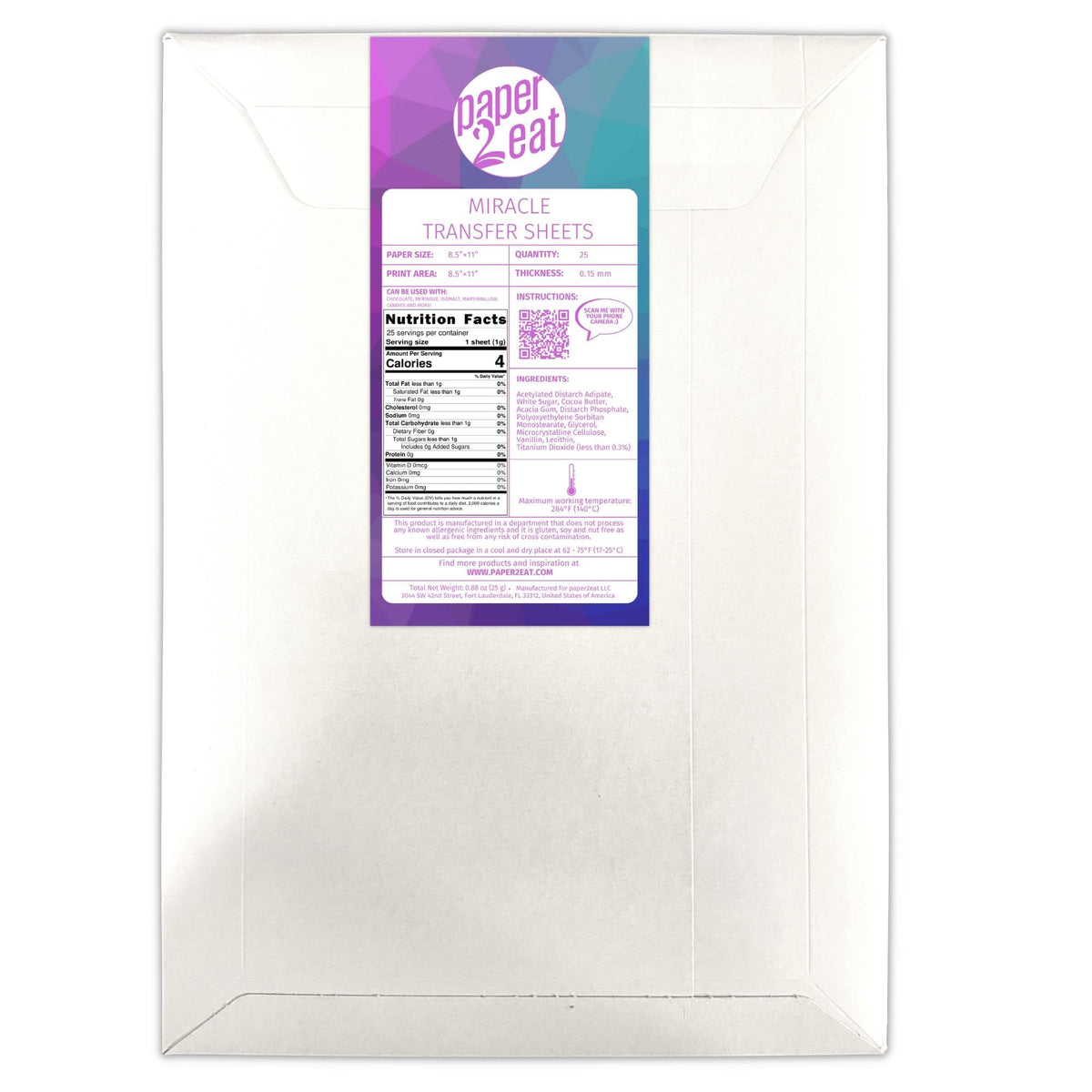 paper2eat Miracle Transfer Sheets pack view for versatile edible printing on desserts.