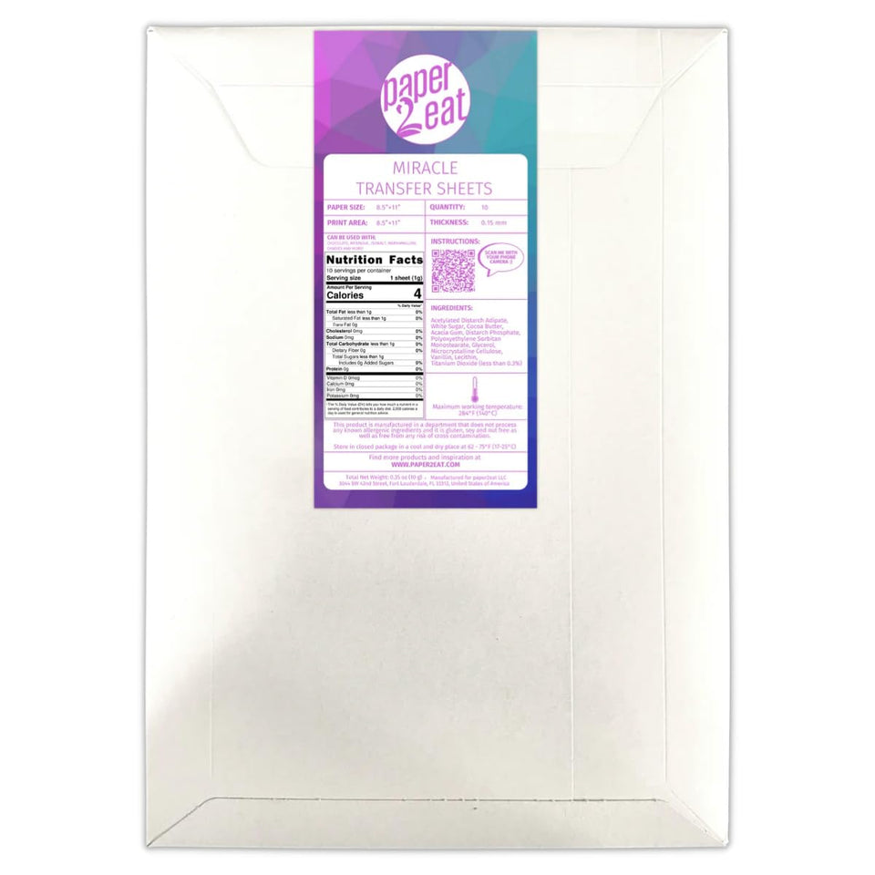 paper2eat Miracle Transfer Sheets showcasing the full pack for versatile edible work.