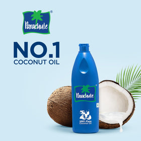 Parachute Coconut Oil bottle closeup highlights smooth texture and natural aroma.