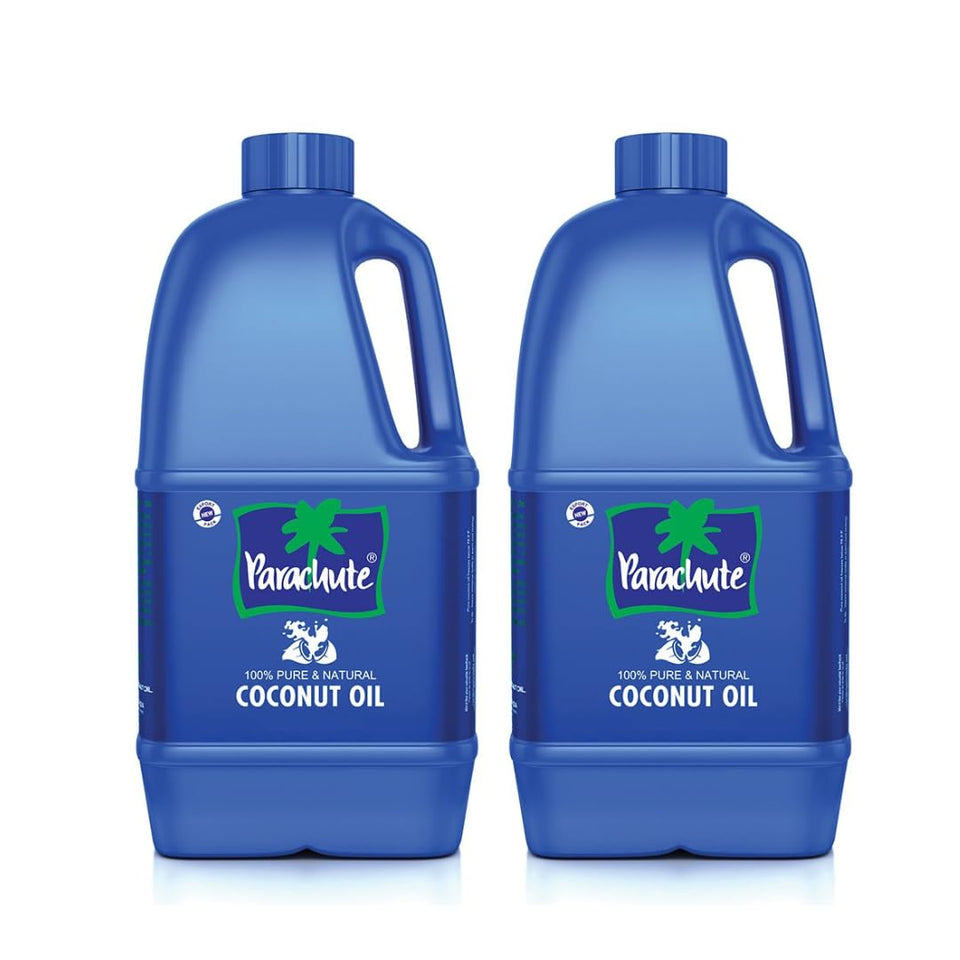 Parachute Coconut Oil jar front shows pure, unrefined oil in a 2-pack.