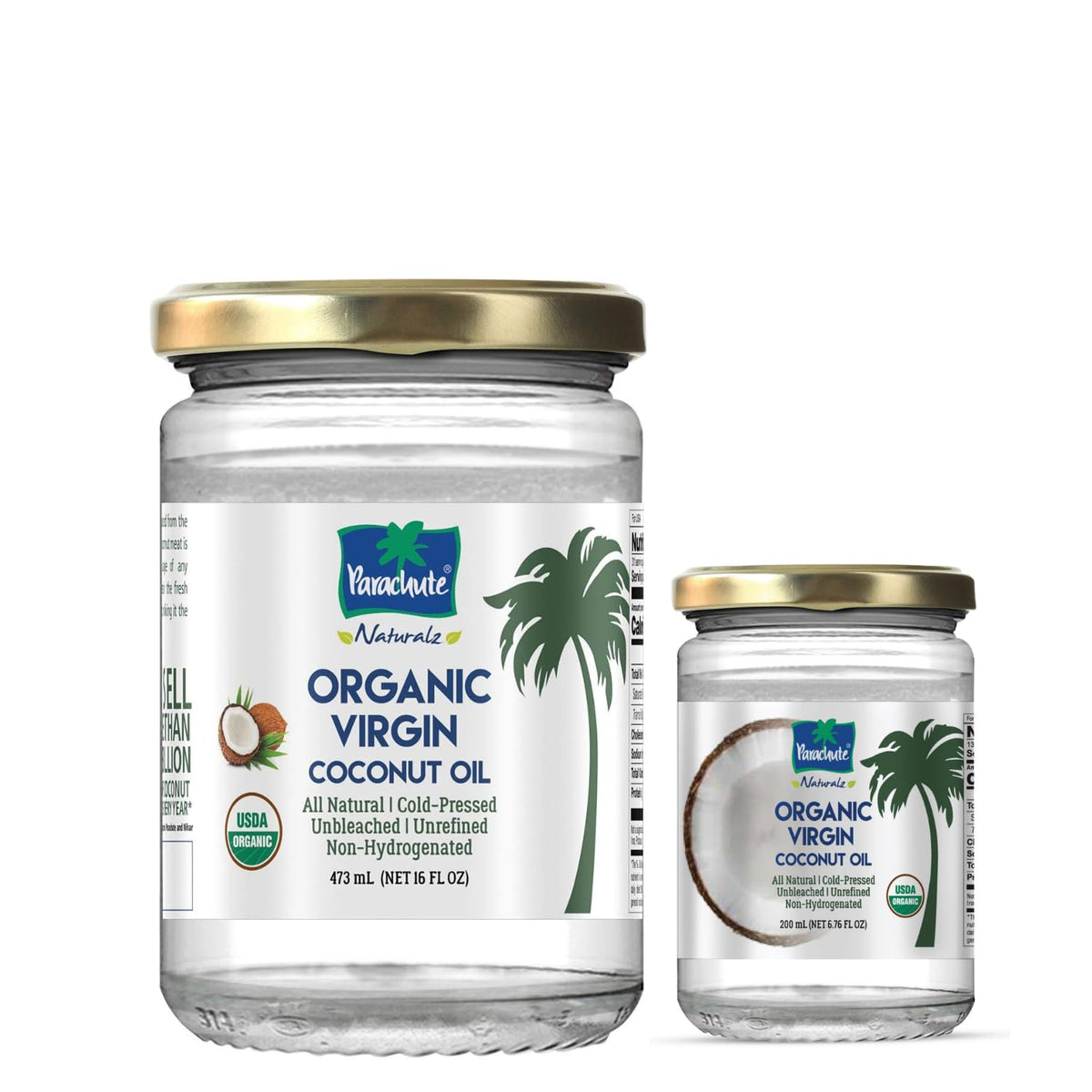 Parachute Naturalz Virgin Coconut Oil bottle showcases cold-pressed oil for cooking and hair care.