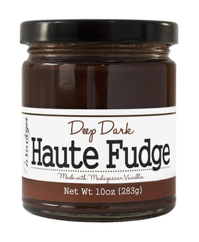 Paradigm Foodworks Deep Dark Haute Fudge jar with rich chocolate texture for topping.