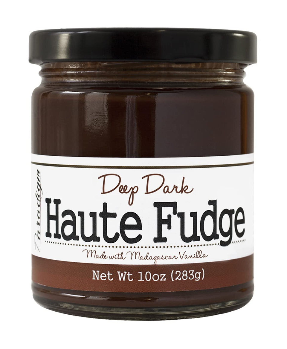Paradigm Foodworks Deep Dark Haute Fudge jar with rich chocolate texture for topping.
