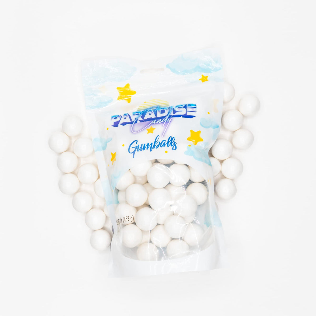 Paradise Candy White Gumballs ready for a baby shower display and celebration.