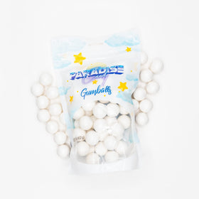 Paradise Candy White Gumballs ready for a baby shower display and celebration.