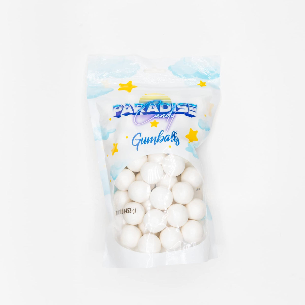 Paradise Candy White Gumballs used in gender reveal setups for a crisp look.