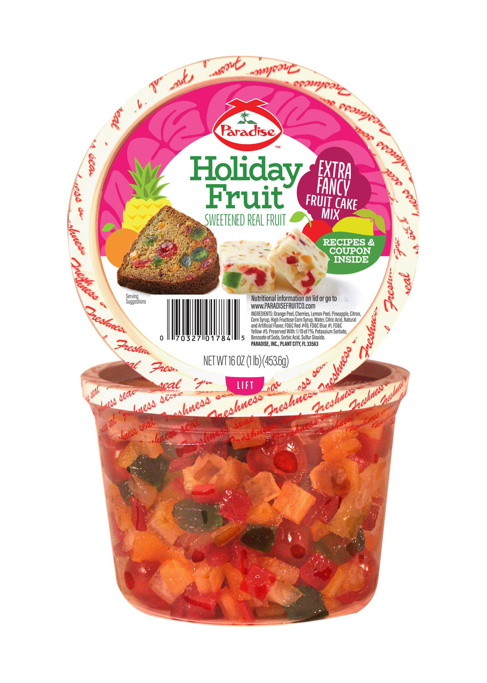 Paradise Fruit Extra Fancy Fruit Cake Mix pack, ideal baking ingredient for elegant desserts.
