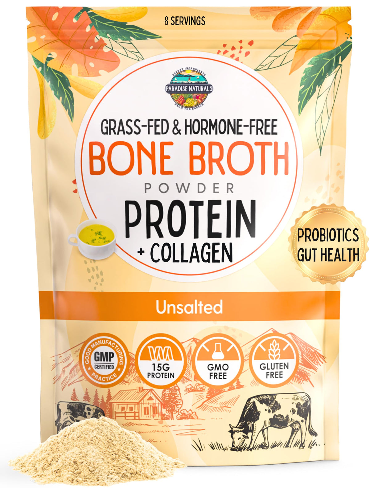 Paradise Naturals bone broth powder label showing probiotic boost
