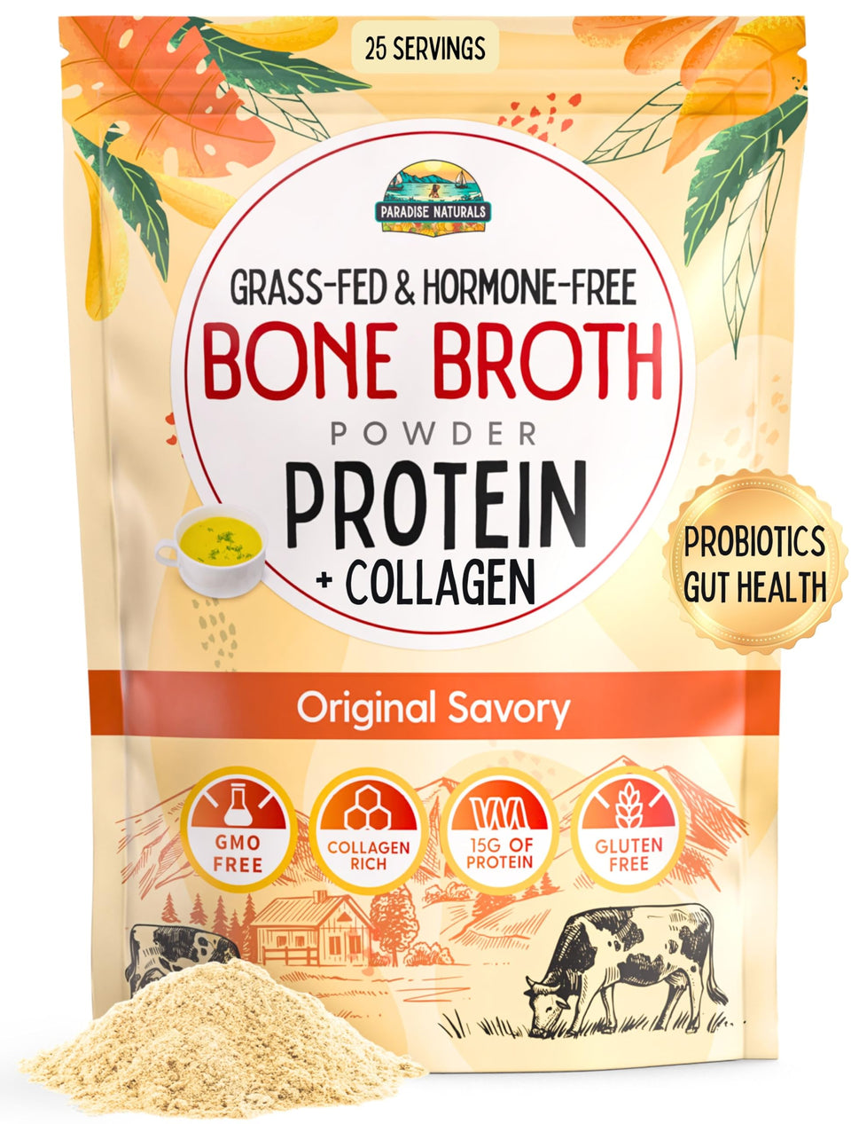Paradise Naturals bone broth protein original savory scoop ideal for soothing hot drinks