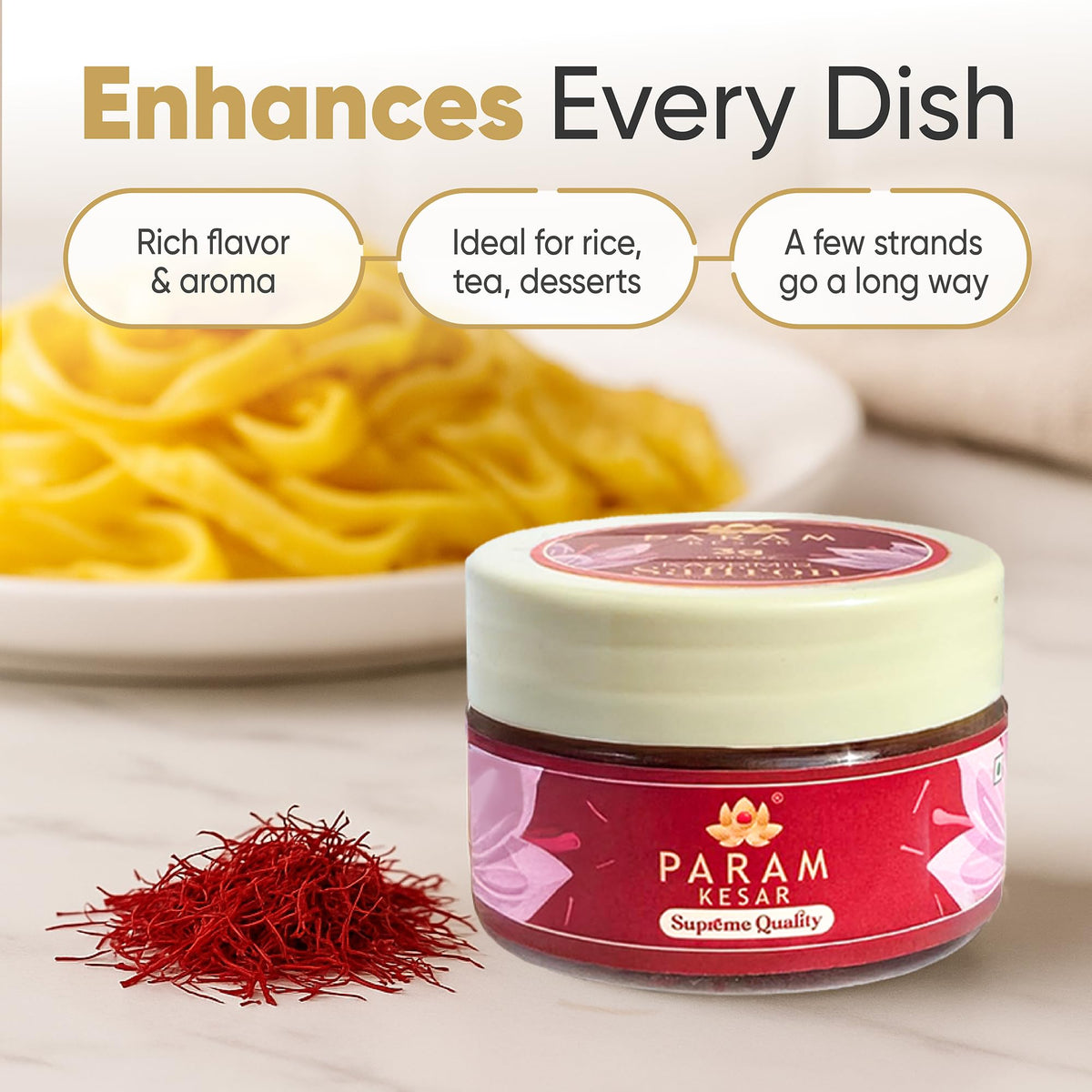 Param Kesar crocin-rich aroma—intense fragrance that enhances rice and desserts.