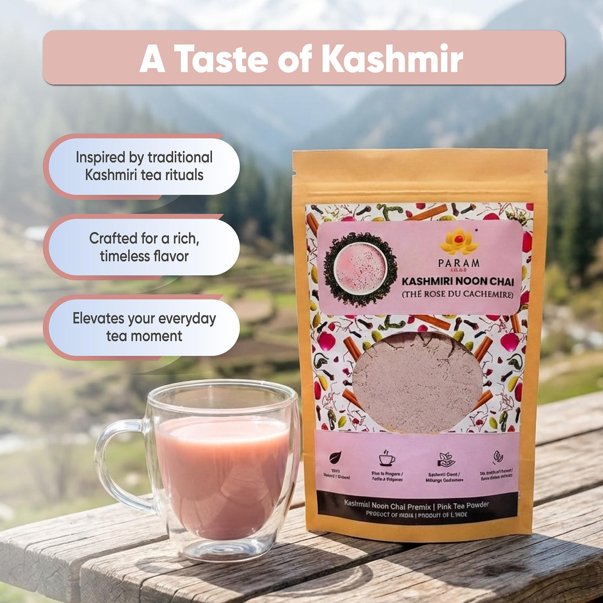 Param Kesar pink tea premix ready in minutes.
