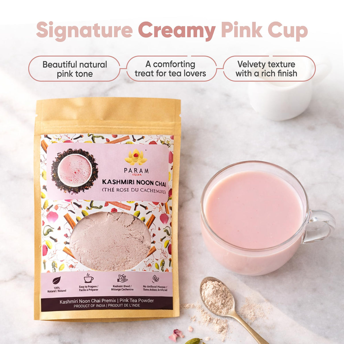 Param Kesar premix simmered in hot water creates rich pink chai aroma.