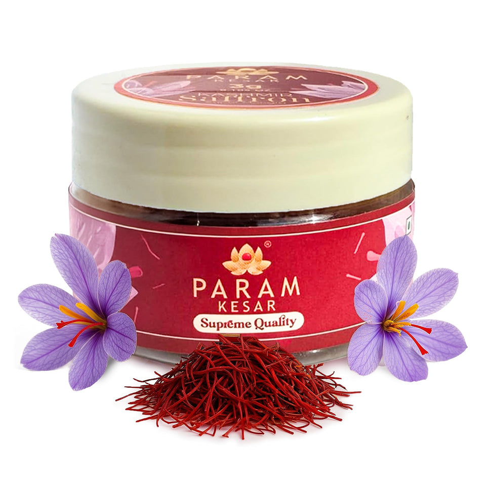 Param Kesar supreme saffron threads—premium close-up for vibrant color and rich aroma.
