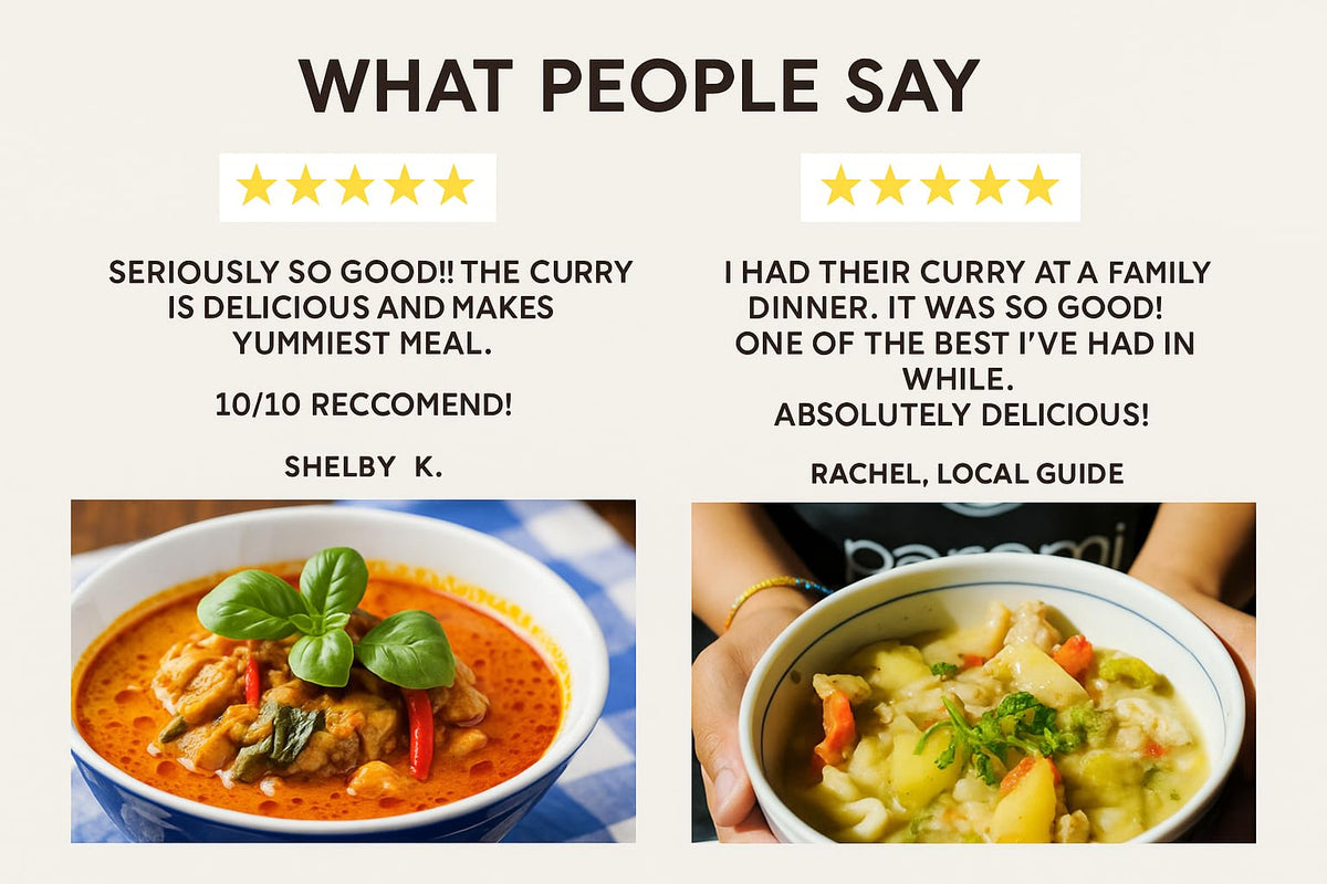 Parami Thai Curry Sauce allergen icons showing gluten-free, dairy-free, and nut-free status.
