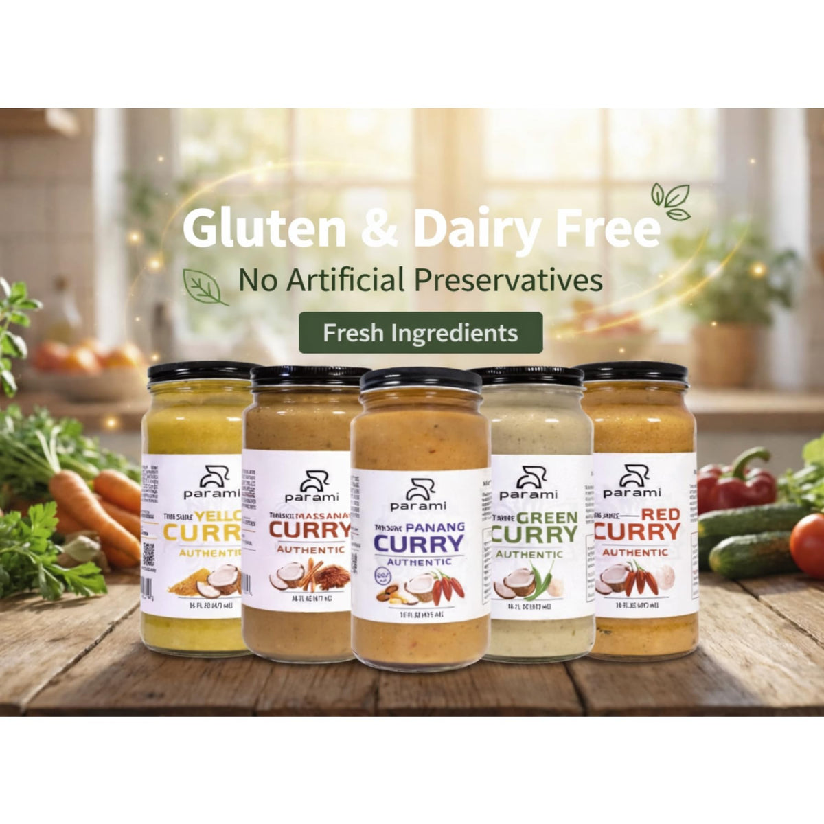 Parami Thai Curry Sauce ingredients visual with lemongrass, galangal, and coconut milk for rich flavor.
