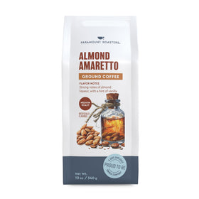 Paramount Roasters almond amaretto coffee bag packaging showcases premium flavor.