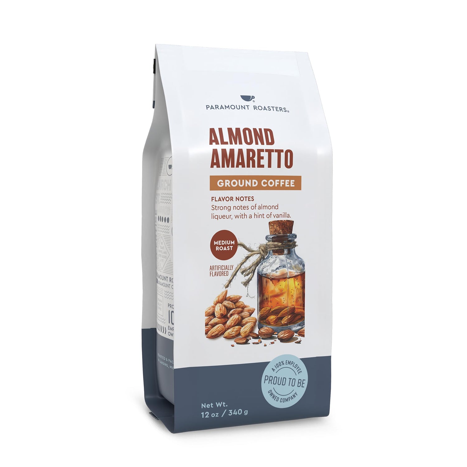 Paramount Roasters Almond Amaretto ground coffee in a jar preserves freshness and aroma.